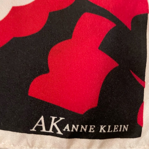 Anne Klein silk scarf in red and black floral. Oblong shape 14 by 60 inches. - Picture 3 of 6